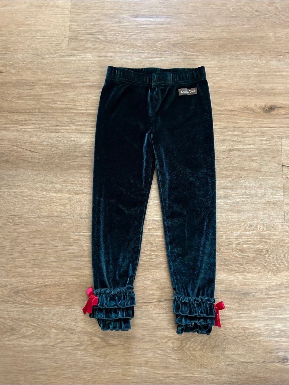 Matilda Jane Dark Green Velvet Leggings with Red Bow Ruffle Cuffs